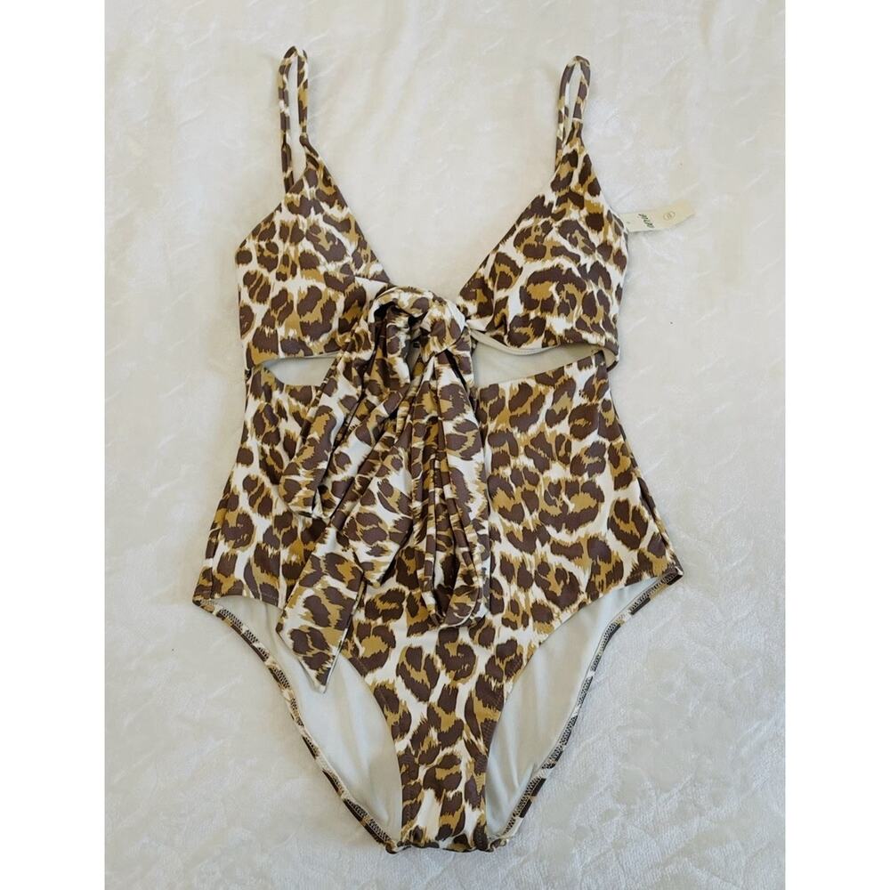 NWT Aerie Size S One Piece Swimsuit Wrap Tie Leopard Cheetah Print Brown White